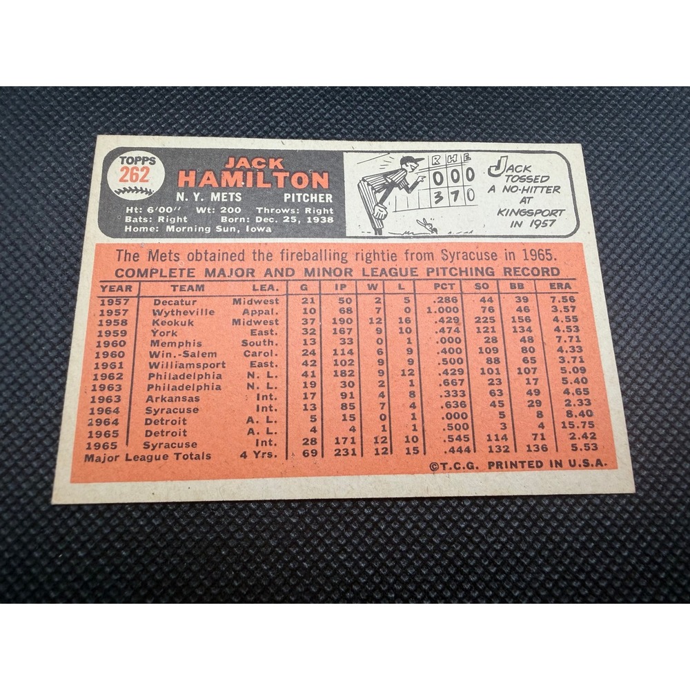 1966 Topps Jack Hamilton 262 Hand Signed Autograph Card NY Mets Pitcher Vintage - Picture 4 of 5